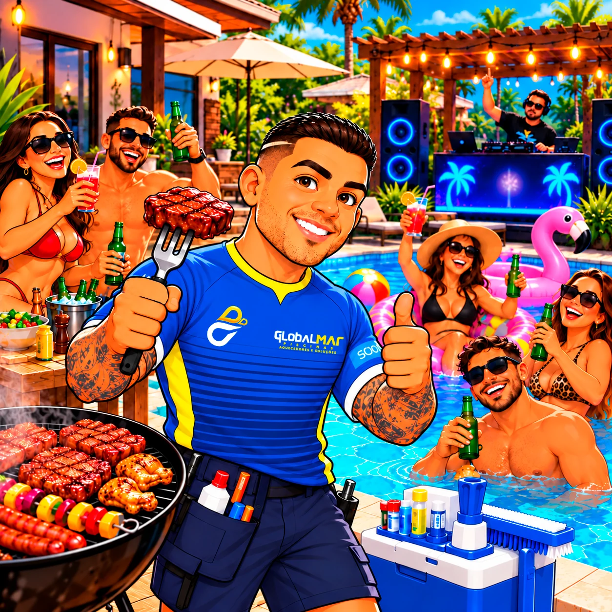 Mascote da Globalmar com churrasqueira, festa na piscina, convidados e DJ